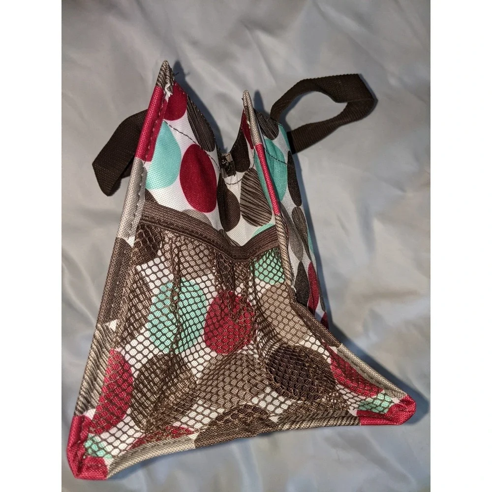 Thirty-One Small Tote Bag Polka Dot Red Teal Brown 12x8x5